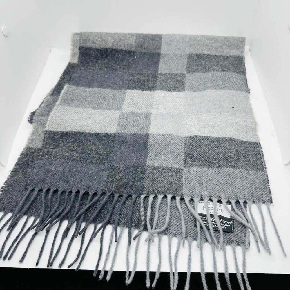 Higbee Black Grey Checkered Plaid 100% Lambswool Fringe Ends Scarf Size OS